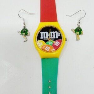 Vintage 1987 M&M Watch Japan Movement Red Green Yellow Plastic + Earrings